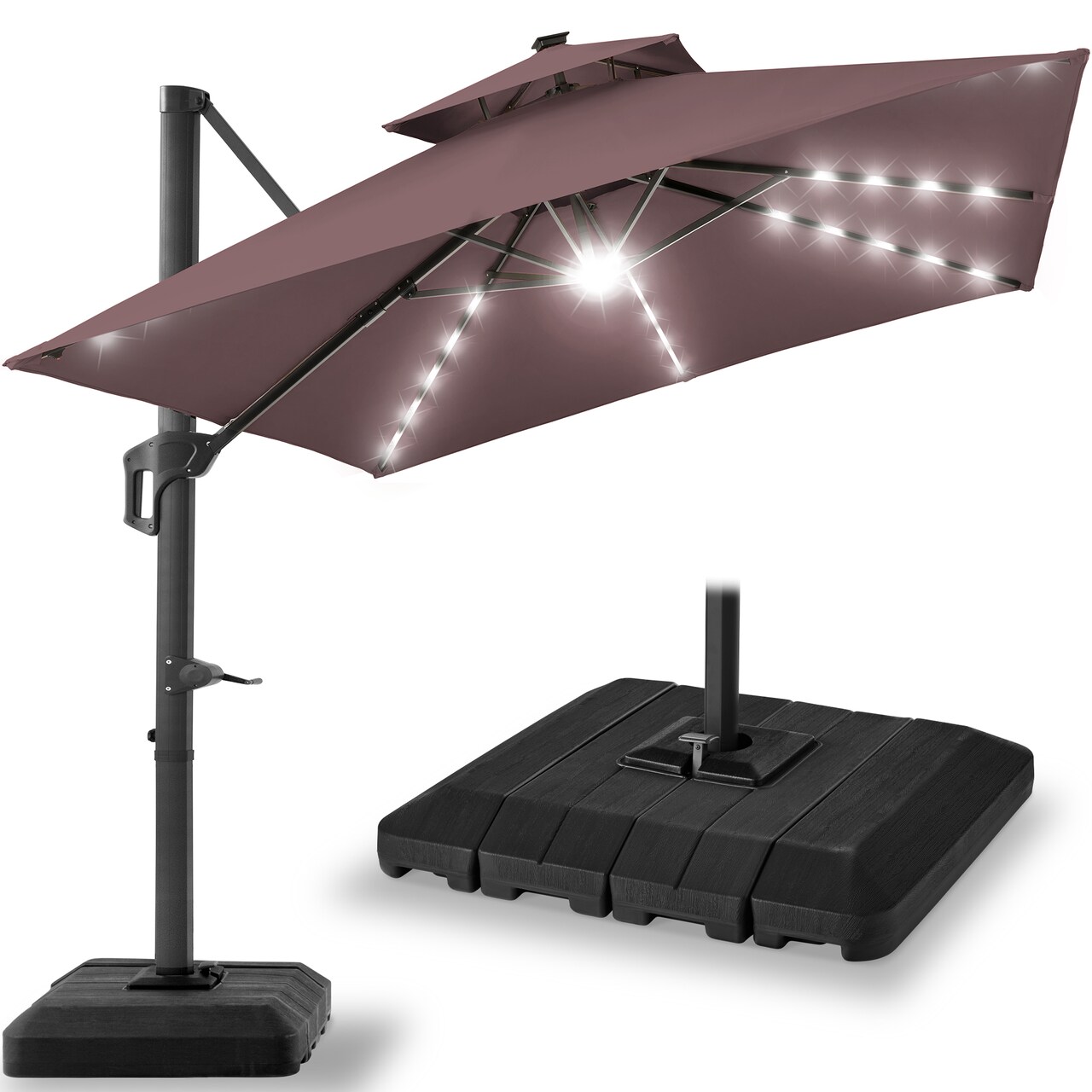 Best Choice Products 10x10ft 2-Tier Square Outdoor Solar LED Cantilever Patio Umbrella w/ Base Included